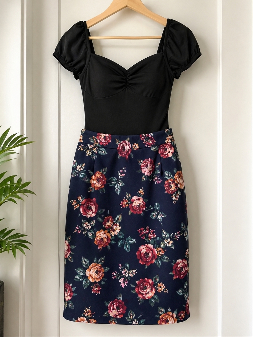 Floral Skirt Outfit Bundle Size 12 Black Bodysuit Blue Floral Skirt